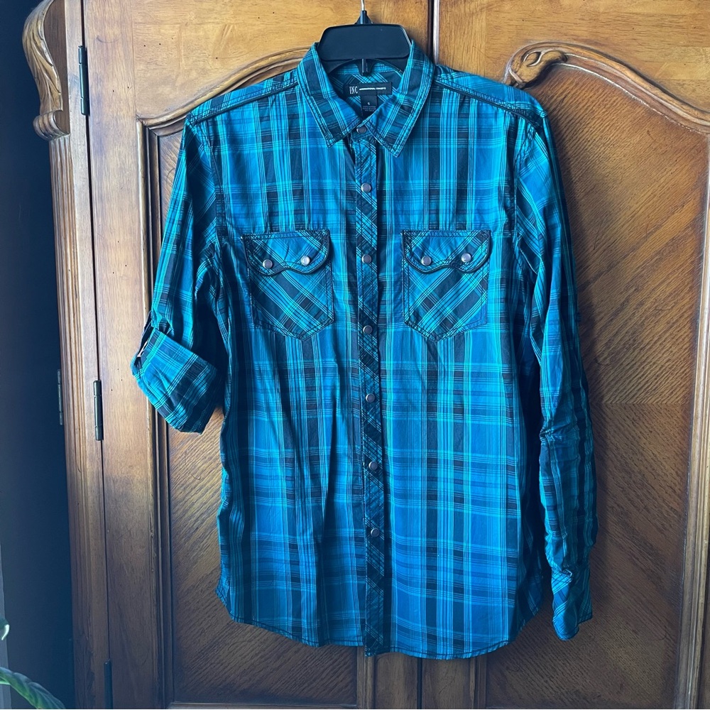 INC International Concepts Teal Plaid Men's Shirt